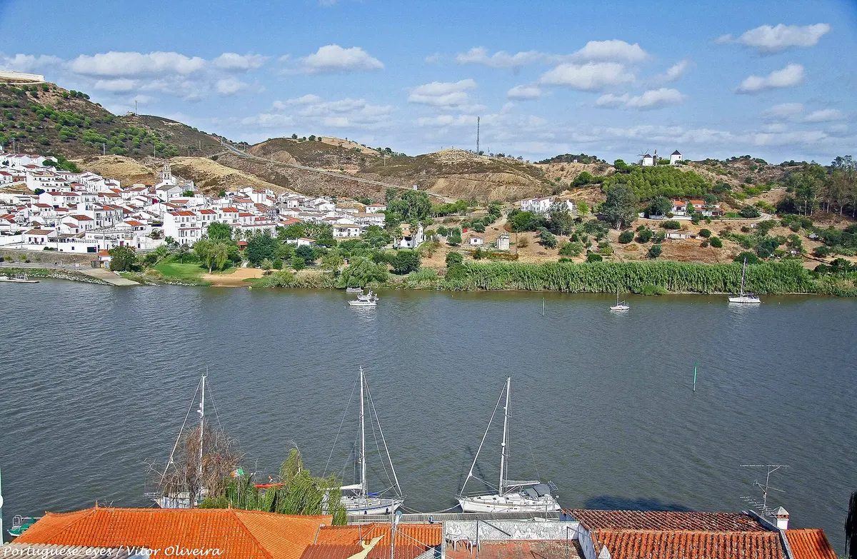The River Guadiana and hillside buildings seen from Alcoutim