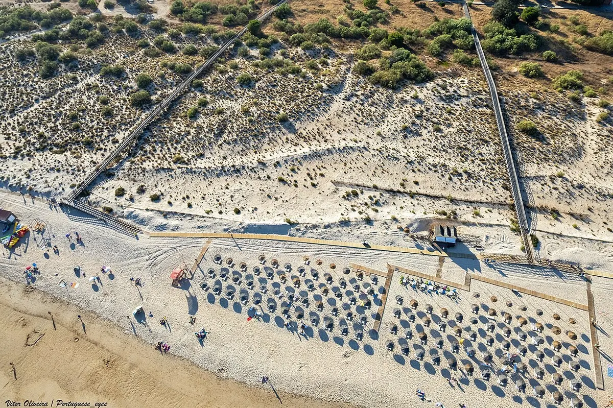Aerial view of the beach entrance, dunes and sunshades at Manta Rota