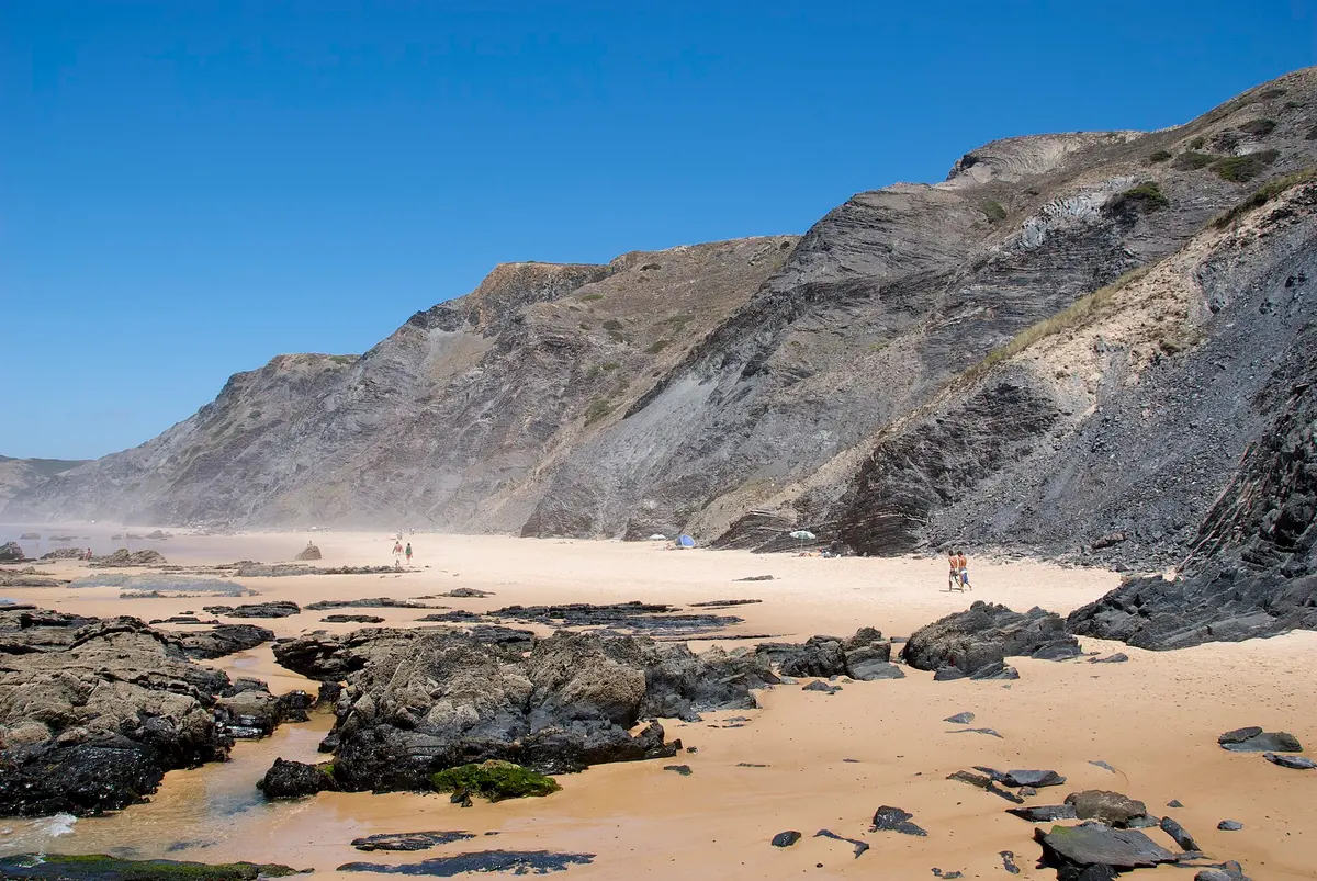 The beach and coastal setting at Praia do Castelejo in the western Algarve