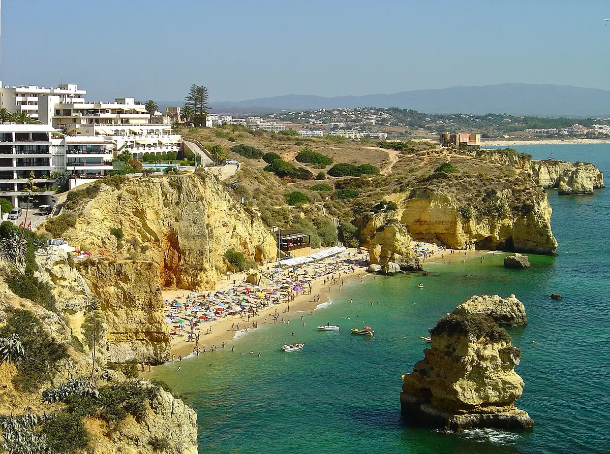 The beach and coastal setting at Praia de Dona Ana in the western Algarve