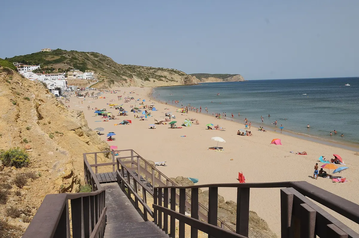 The beach and coastal setting at Praia da Salema in the western Algarve