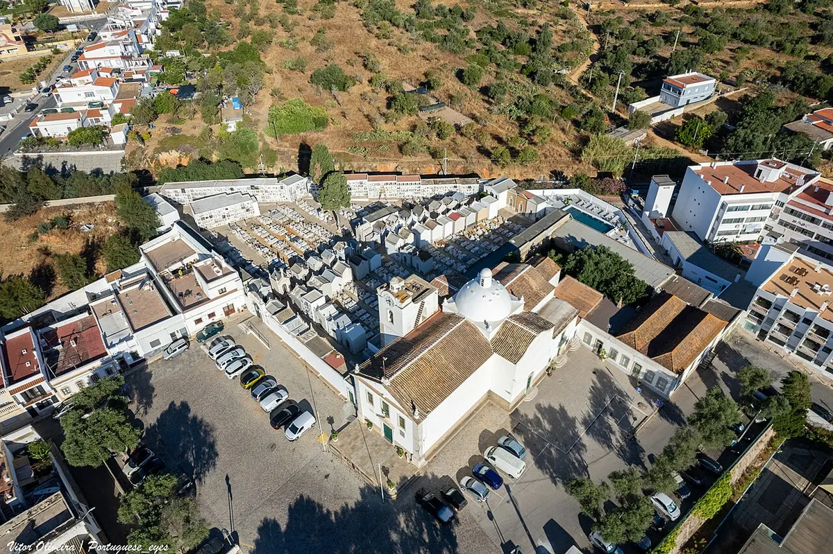 Aerial view centred on the parish church and nearby streets in Fuseta