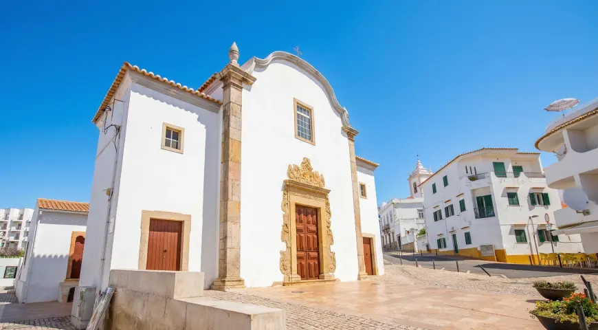 The facade and doorway of São Sebastião church in Albufeira