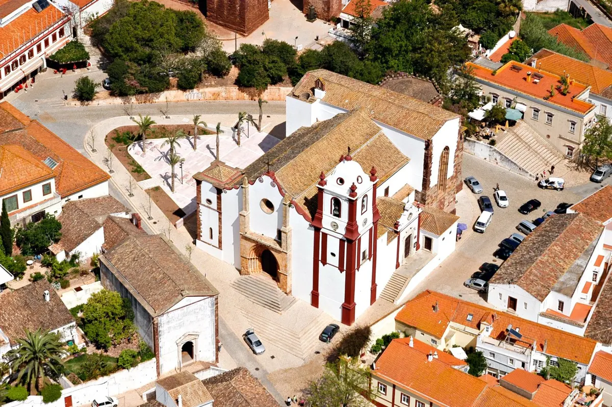 An aerial view of Silves Cathedral and the surrounding old-town streets