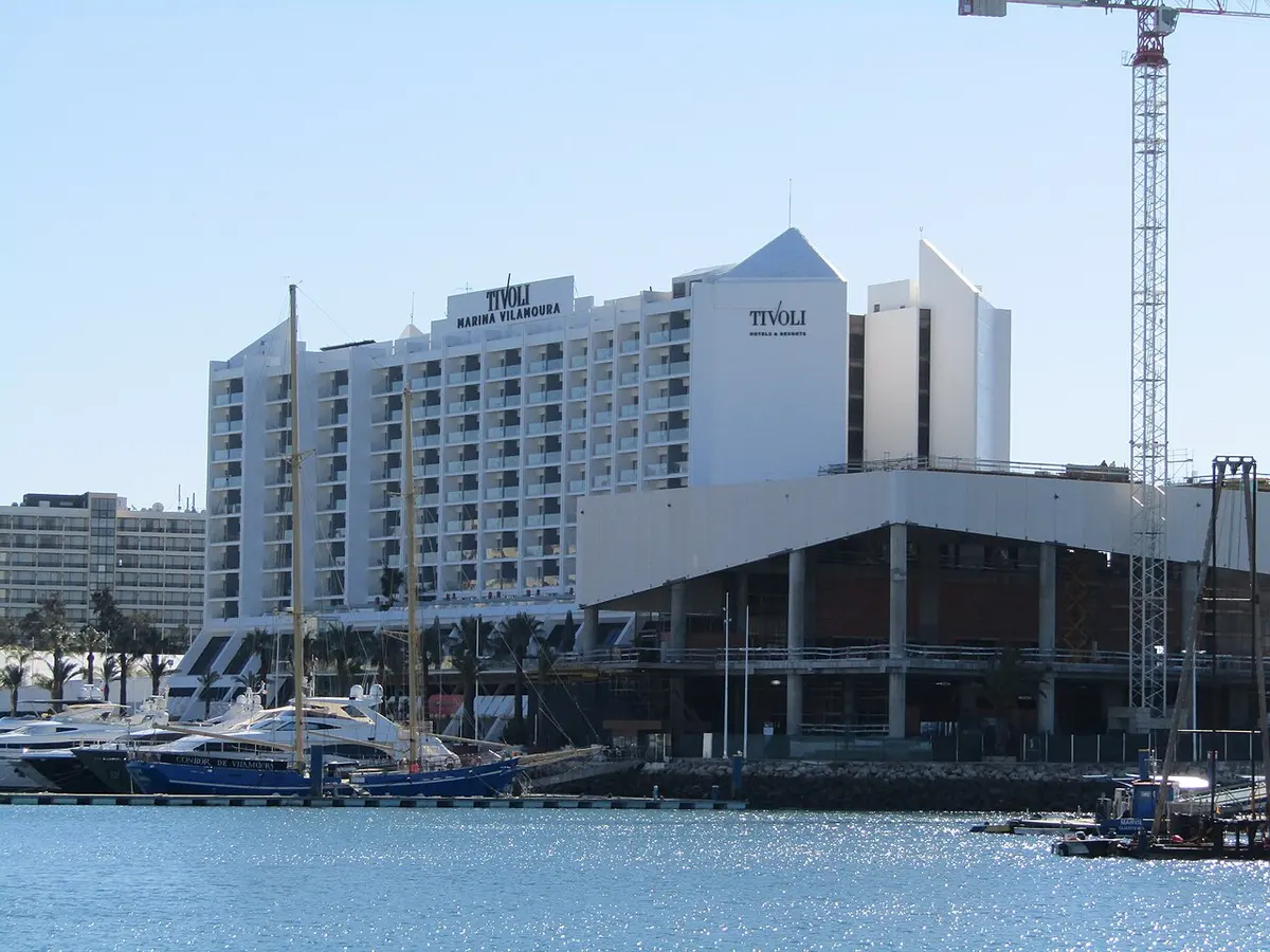 Tivoli Marina Vilamoura hotel seen across moored boats in Vilamoura marina