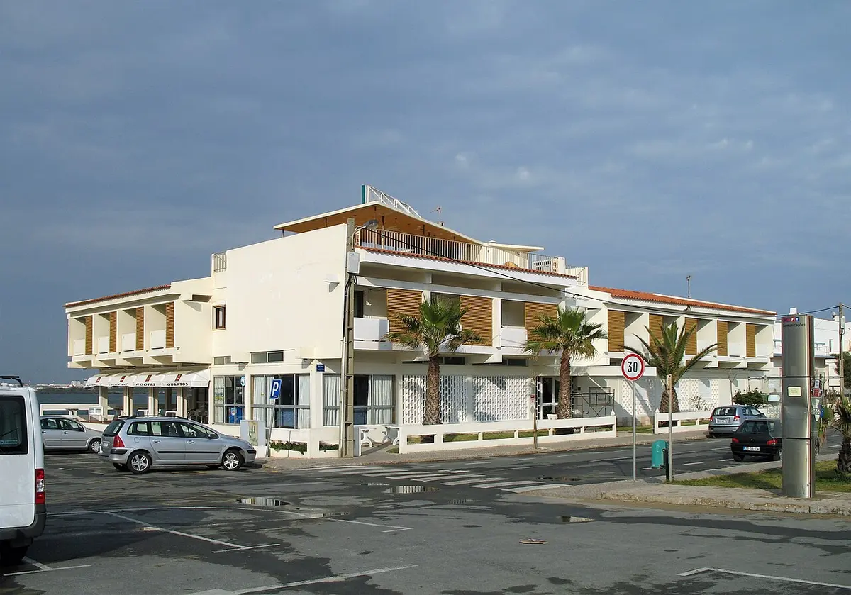Hotel Aeromar building beside the beach road on Praia de Faro