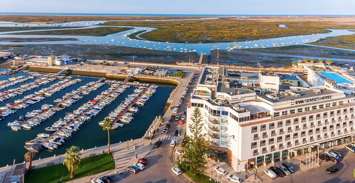 Aerial view of AP Eva Senses beside the marina with Ria Formosa behind