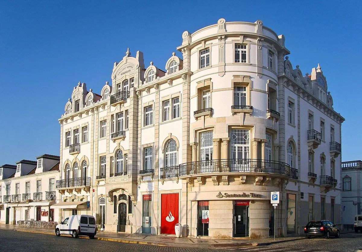 Ornate historic façade of the Hotel Guadiana building in Vila Real de Santo António