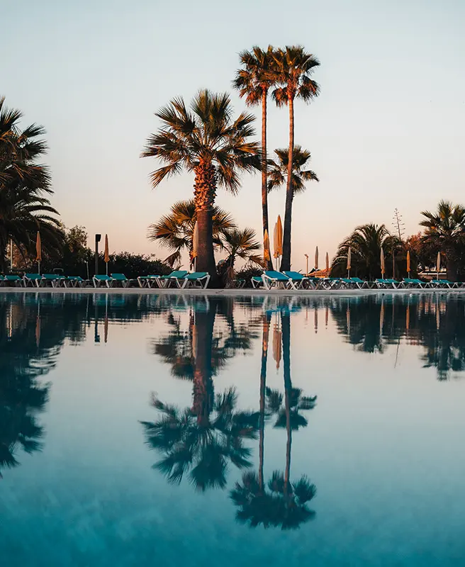 Palm trees reflected in the outdoor pool at Golden Club Cabanas