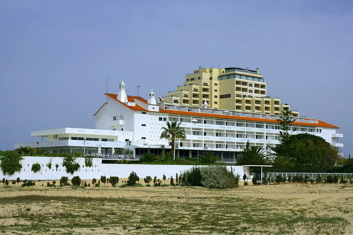 Hotel Vasco da Gama with its curved seafront terraces in Monte Gordo