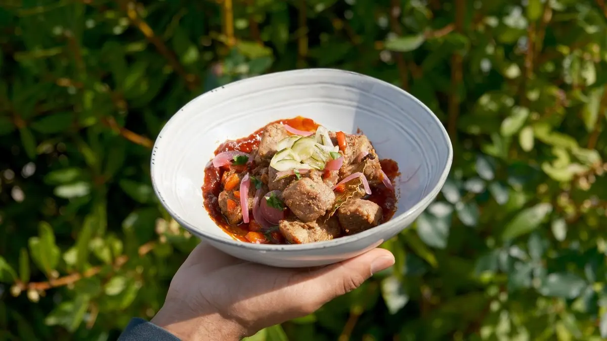 A bowl of prepared food held beside greenery at Assomar