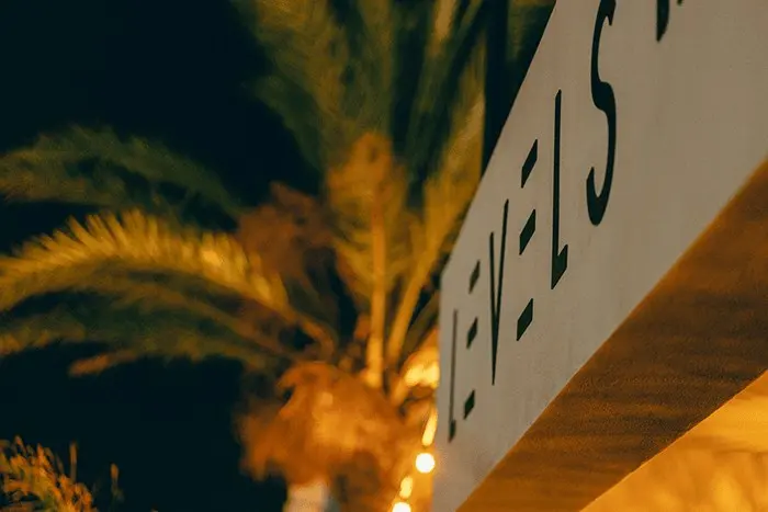 Illuminated Levels sign beside a palm at night in Carvoeiro