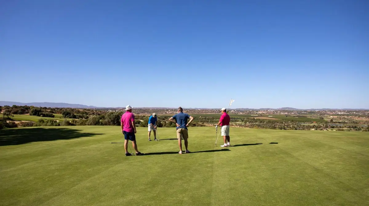 Golfers putting on the Faldo Course at Amendoeira Golf Resort