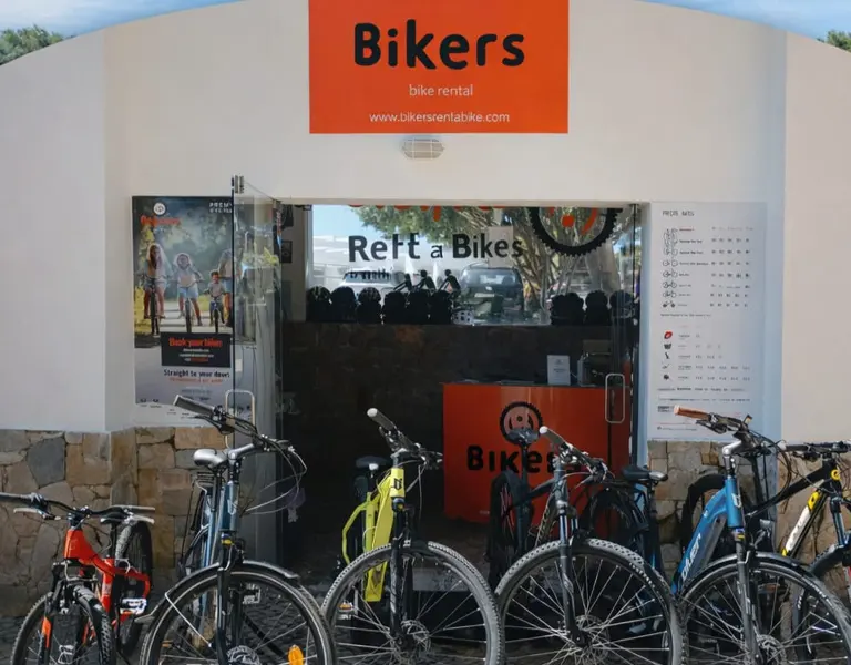 Bicycles outside the Bikers rental-shop entrance