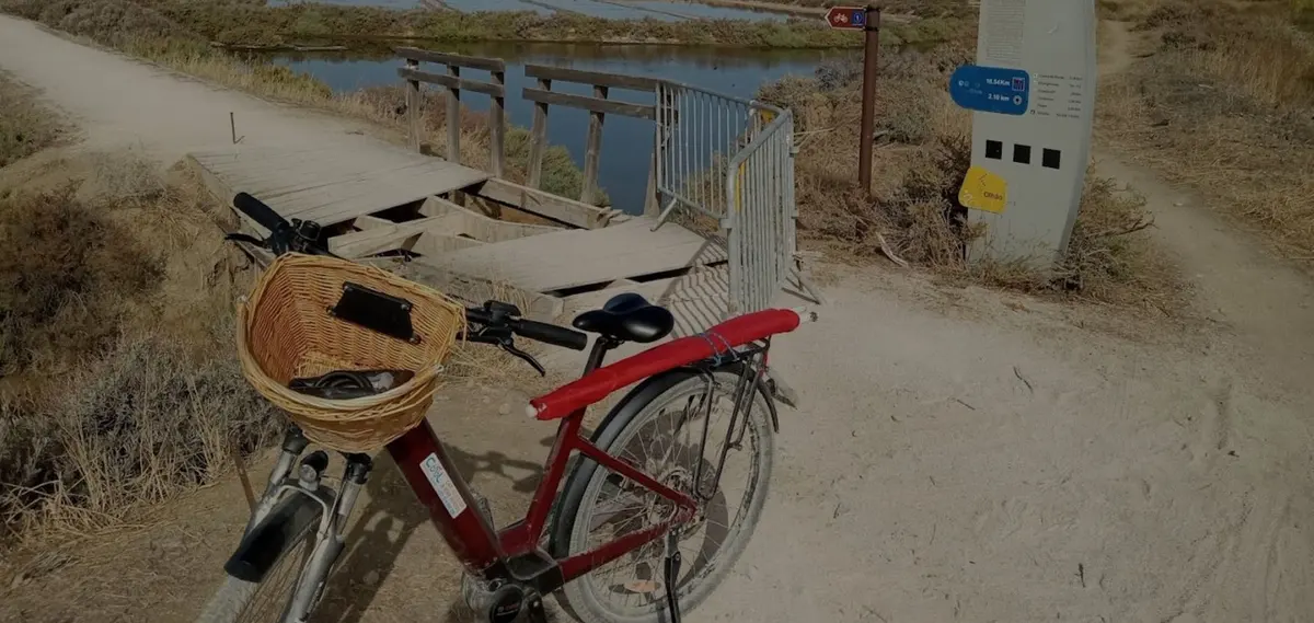 A Cool Wheels-branded bicycle beside a boardwalk and Ria Formosa trail sign