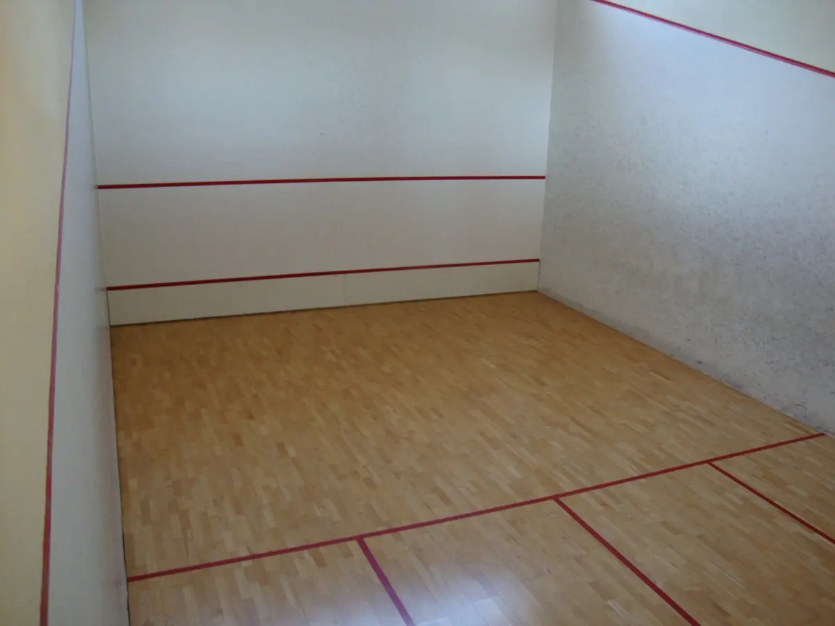 An indoor squash court with red lines and a wooden floor at Quinta do Eucalipto