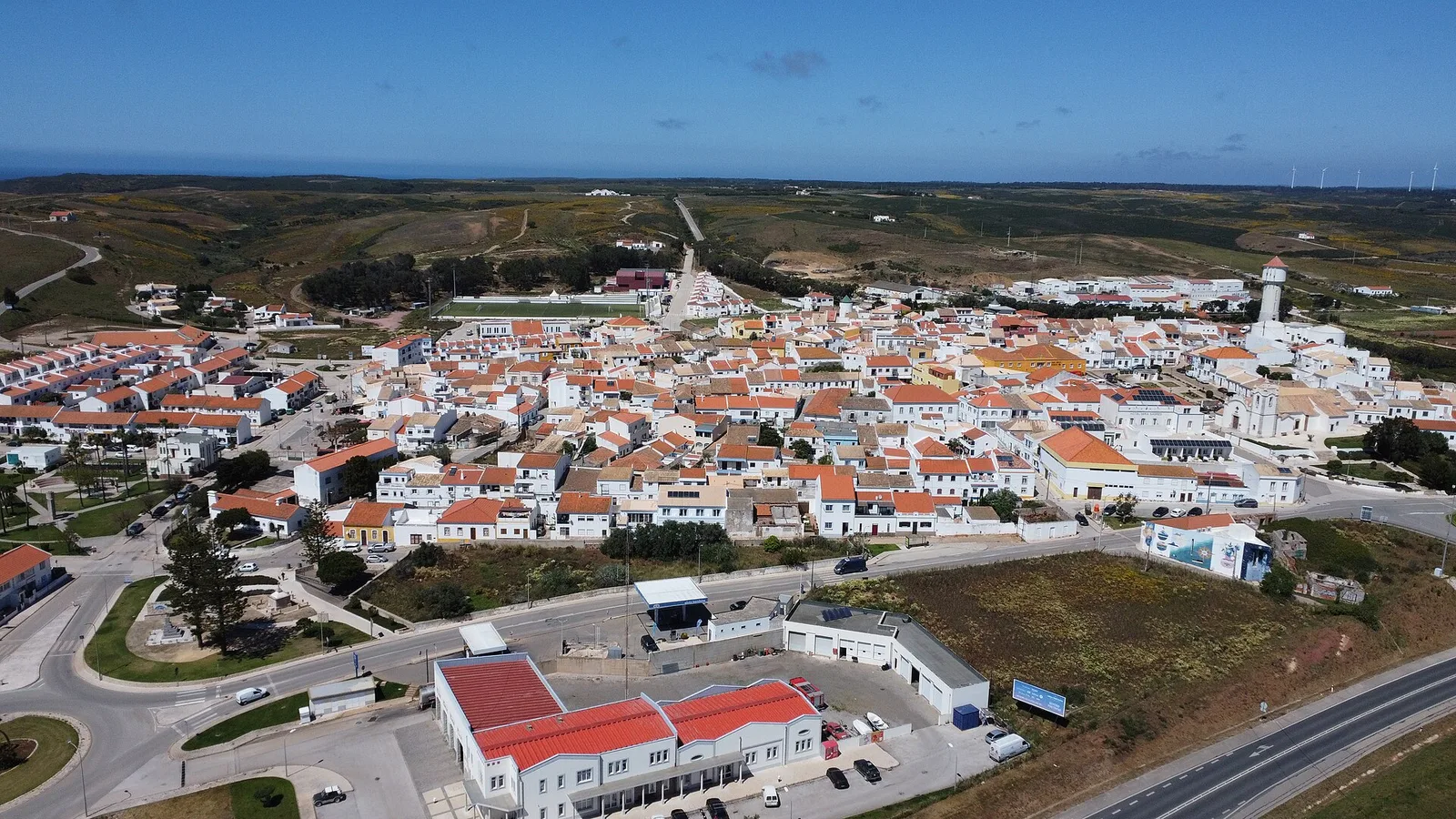 An aerial view of Vila do Bispo and its surrounding countryside